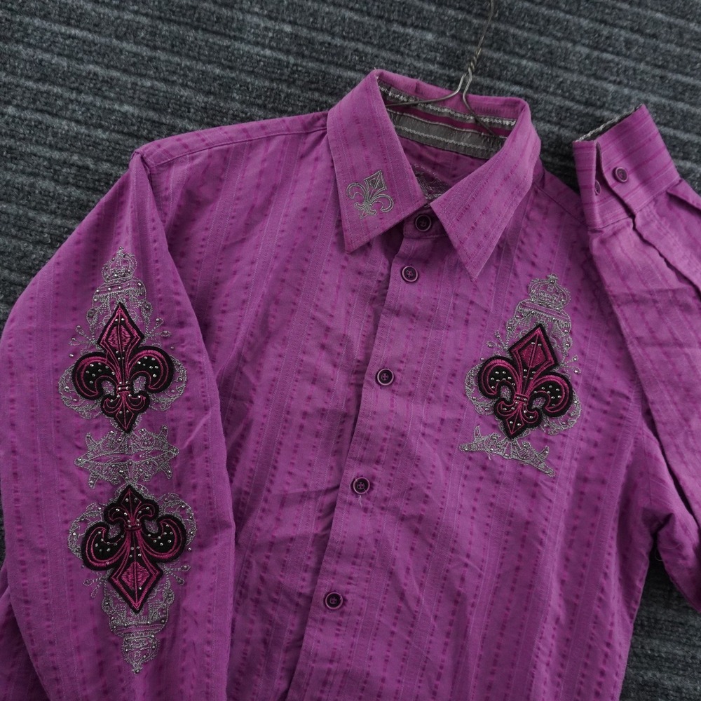 El General Button Down Shirt Mens S Purple Fleur-De-Lis Embroidered Western